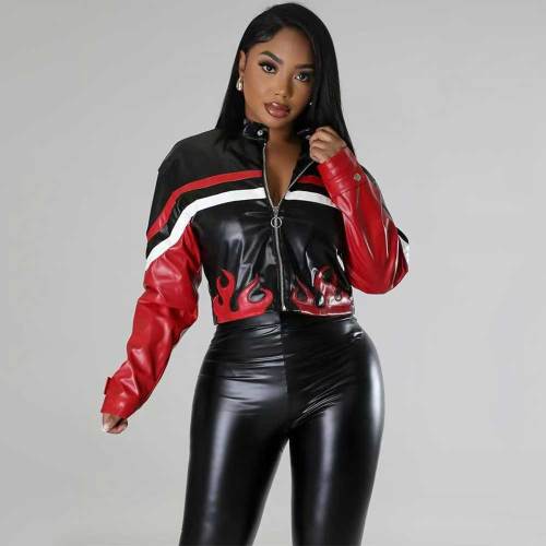 Embroidered Flame Stitching Motorcycle Leather Jacket with Lining