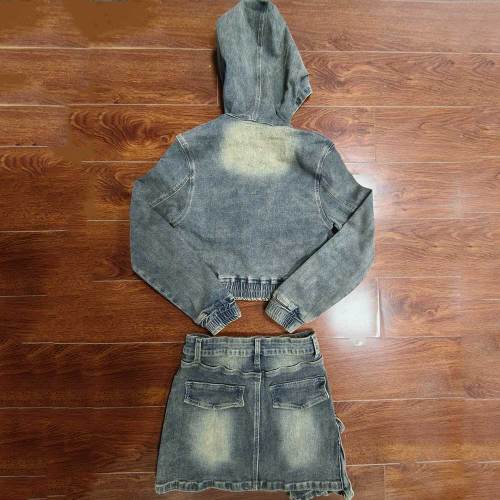 Casual Stretch Denim Hooded Skirt Suit