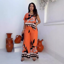 Casual Printed Slanted Shoulder Irregular Slit Wide-leg Jumpsuit