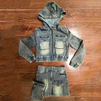Casual Stretch Denim Hooded Skirt Suit