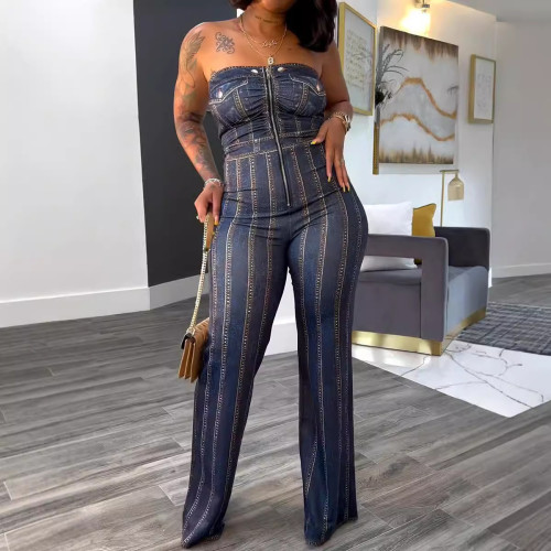 Faux Denim Printed Strapless Bandeau Stretch Wide-leg Jumpsuit