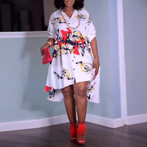 Loose Printed Long Sleeve Irregular Hem Shirt Dress