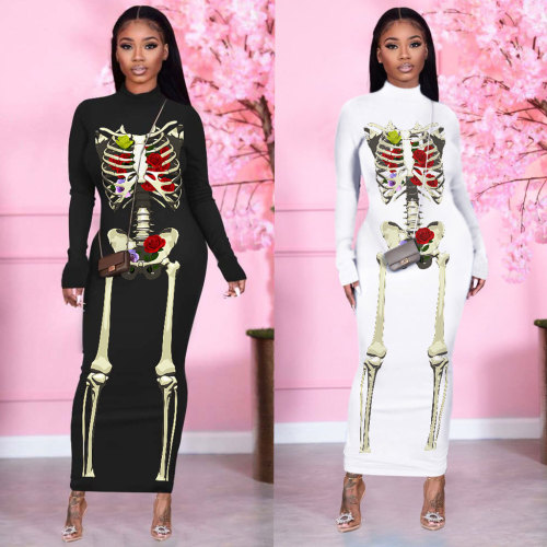 Skeleton Bone Costume Halloween Print Long Dress