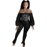 Casual Offset Printing Off Shoulder Lantern Sleeve Bodycon Jumpsuit