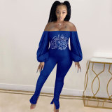 Casual Offset Printing Off Shoulder Lantern Sleeve Bodycon Jumpsuit