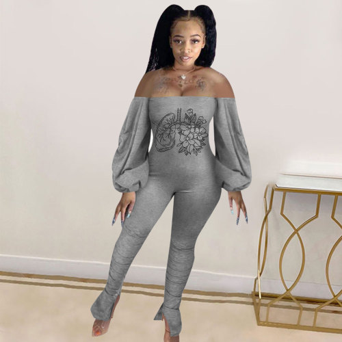 Casual Offset Printing Off Shoulder Lantern Sleeve Bodycon Jumpsuit