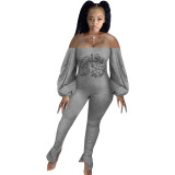 Casual Offset Printing Off Shoulder Lantern Sleeve Bodycon Jumpsuit