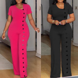 Casual Short Sleeve Irregular Neck Wide-leg Jumpsuits