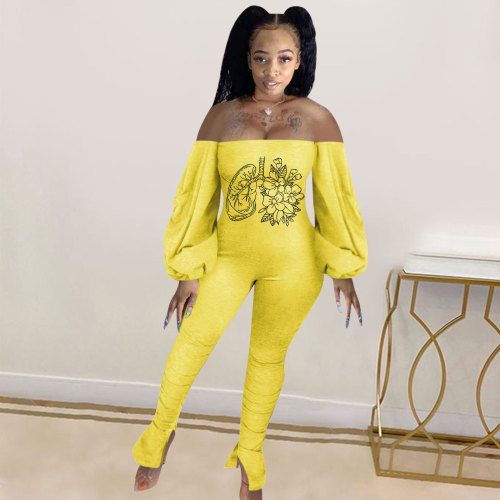 Casual Offset Printing Off Shoulder Lantern Sleeve Bodycon Jumpsuit