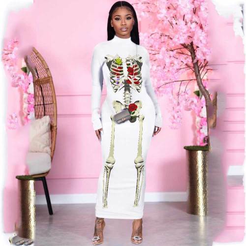Skeleton Bone Costume Halloween Print Long Dress