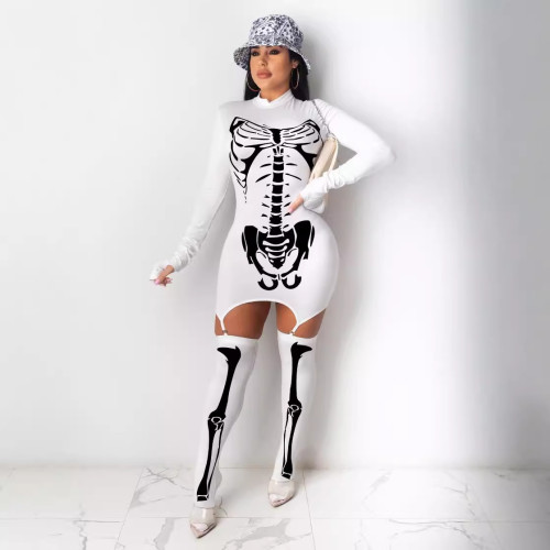 Skeleton Bone Costume Halloween Print Bodycon Dress with Stockings