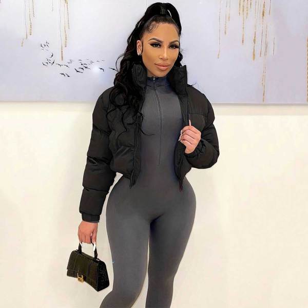 Puffer Jacket Cropped Zip Up Warm Quilted Winter Cotton-padded Coats