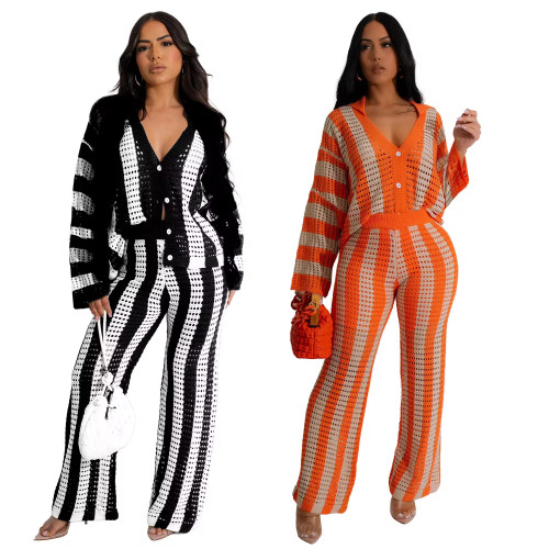 Women's Striped Knit Two Piece Sets Sweater Cardigan And Lounge Trousers