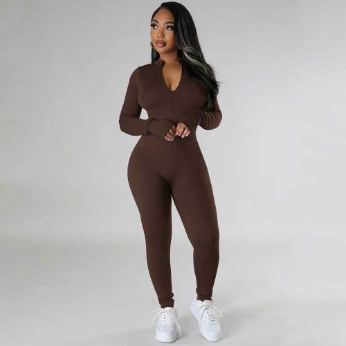 Women's Sexy One Piece Jumpsuit Bodycon V Neck Zipper Full Bodysuit