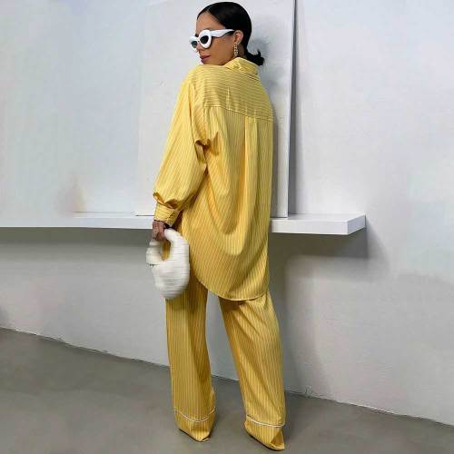 Women's Lapel Long Sleeve Shirt Splicing Trouser Hem Striped Suit