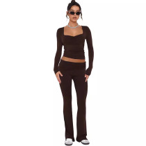 Women Solid Long Sleeve Top and Bell Bottom Pants Two-piece Suit