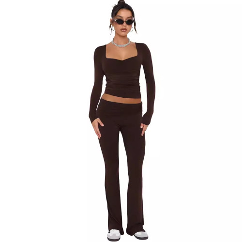 Women Solid Long Sleeve Top and Bell Bottom Pants Two-piece Suit