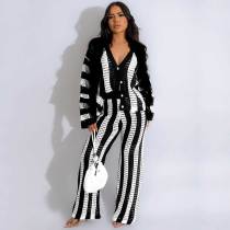 Women's Striped Knit Two Piece Sets Sweater Cardigan And Lounge Trousers