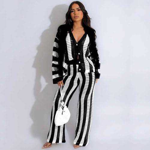 Women's Striped Knit Two Piece Sets Sweater Cardigan And Lounge Trousers