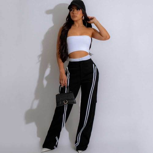Casual Elastic Straight Pants Stitching Trousers with Multi-pocket