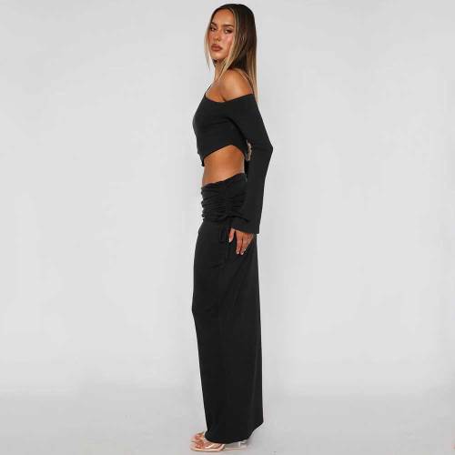 Drawstring Ruched Inclined Shoulder Skirt Sets