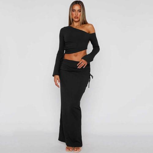 Drawstring Ruched Inclined Shoulder Skirt Sets