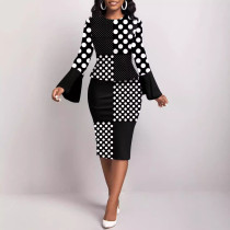 Women's Elegant Pencil Dress with Classic Crew Neck Long Bell Sleeve