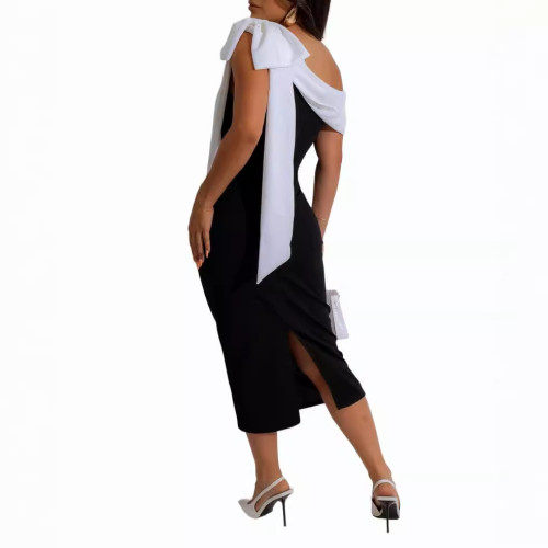Sexy Slanted Shoulder Sleeveless Solid Back Split Package Hip Dress