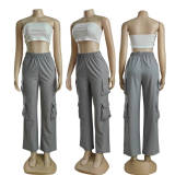 Solid Pocket Loose High Waist Straight Patchwork Bottoms
