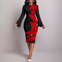 Floral Print Flare Sleeve Elegant Crew Neck Sheath Dress