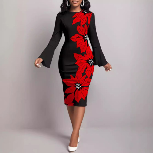 Floral Print Flare Sleeve Elegant Crew Neck Sheath Dress