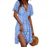 2024 Casual Boho Floral V Neck Short Sleeves Ruffle Wrap Club Dress