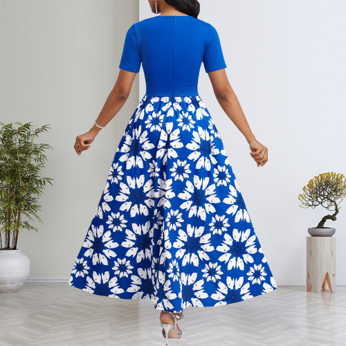 Solid Floral Digital Printing O Neck Short Sleeve Long Dress