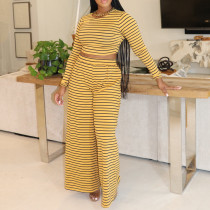 Casual Striped Printed Top & Wide-Leg Pants Set