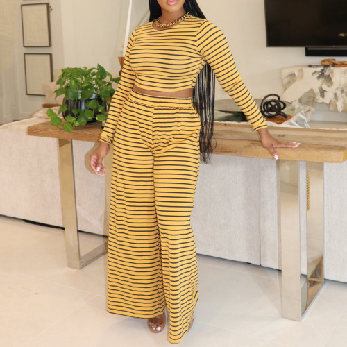 Casual Striped Printed Top & Wide-Leg Pants Set