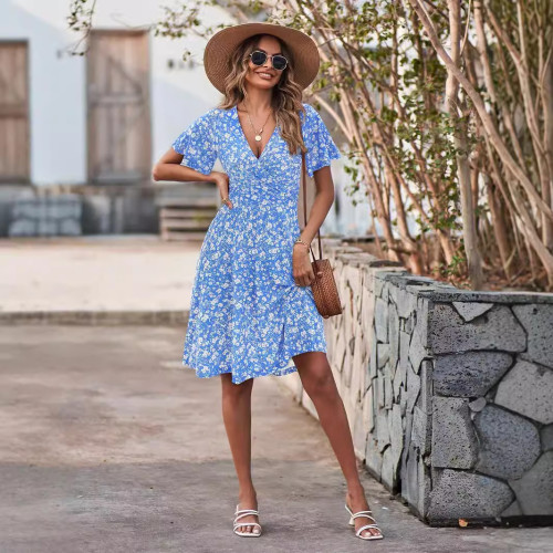 2024 Casual Boho Floral V Neck Short Sleeves Ruffle Wrap Club Dress