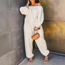 Women's Elastic Outfits Casual Off Shoulder One Piece Jumpsuit with Pockets