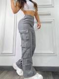 Solid Pocket Loose High Waist Straight Patchwork Bottoms