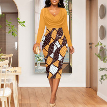 Solid Digital Printing Pile Collar Long Sleeve Ladies Dress