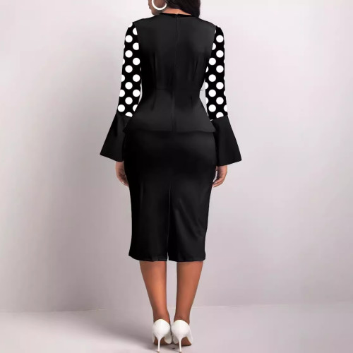 Women's Elegant Pencil Dress with Classic Crew Neck Long Bell Sleeve