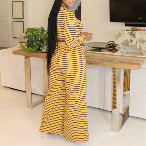Casual Striped Printed Top & Wide-Leg Pants Set