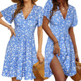 2024 Casual Boho Floral V Neck Short Sleeves Ruffle Wrap Club Dress