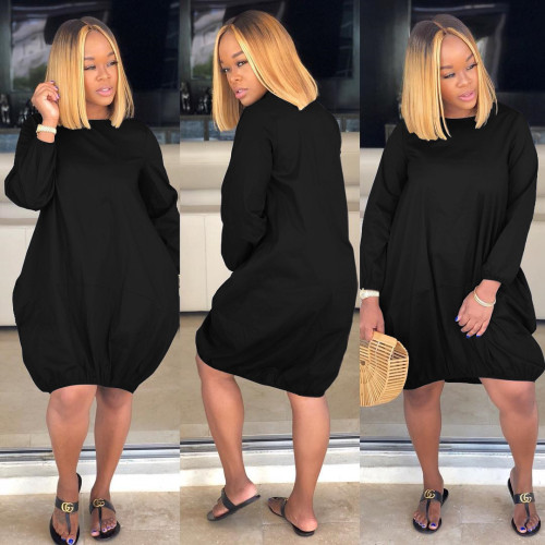 Solid Color Bubble Skirt Long Sleeve Lantern Dress