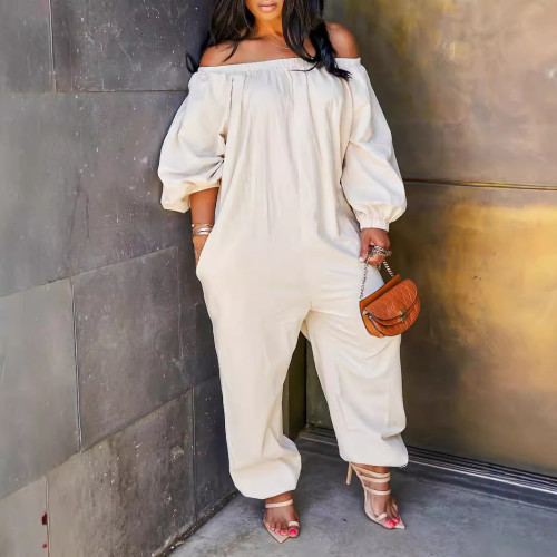 Women's Elastic Outfits Casual Off Shoulder One Piece Jumpsuit with Pockets