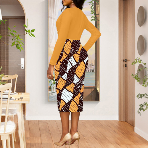 Solid Digital Printing Pile Collar Long Sleeve Ladies Dress