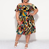 1 Piece Custom Casual Digital Printing Plus Size Off Shoulder Midi Dress
