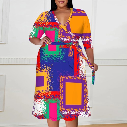 1 Piece Custom Casual Digital Printing Plus Size V Neck Midi Dress