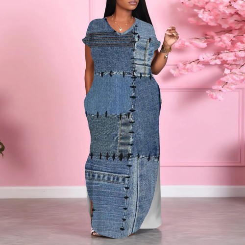 1 Piece Custom Casual Digital Printing Imitation Denim V Neck Long Dress