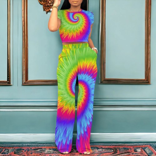 1 Piece Custom Casual Digital Printing Tie-dye Dot Short Sleeve Pant Set