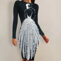 1 Piece Custom Casual Digital Printing Long Sleeve Midi Dress